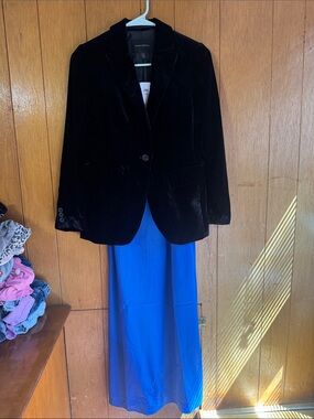 Black Velvet Blazer and blue slip dress